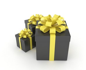 three gift boxes with bows isolated on white. 3D rendering.