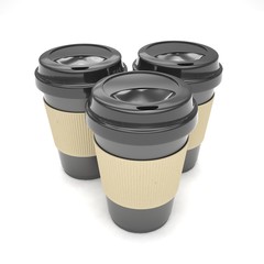Three paper coffee cups. 3D rendering.