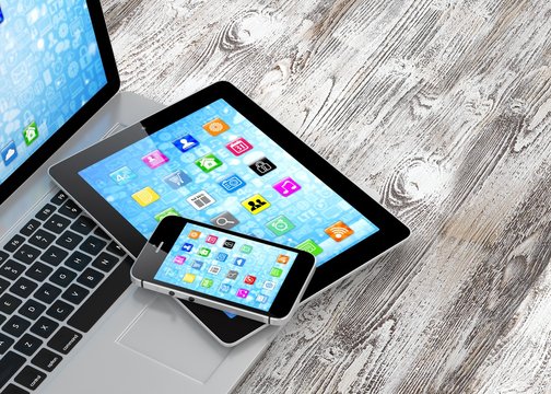 Laptop, phone and tablet pc. 3D rendering.