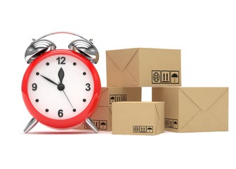 Package and alarm clock, delivery concept. 3D rendering.