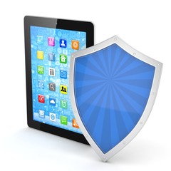 Tablet PC and shield on white device security concept. 3D rendering.