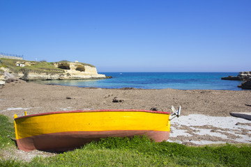 Italy, Salento, fishing boats on the beach