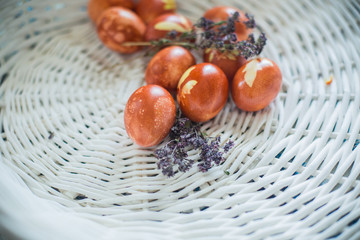 colorful Easter eggs on rustic background