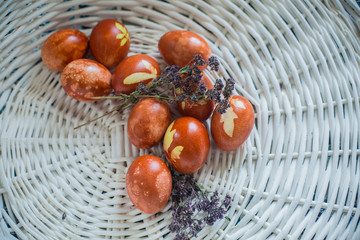 colorful Easter eggs on rustic background