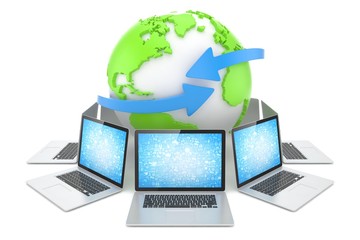 Laptop network around earth globe. 3d render