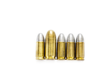 cartridges of .45 ACP full metal jacket and 9mm lead round nose pistols ammo, Bigger is better concept