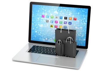 laptop and  shopping pags on white background. 3D rendering.