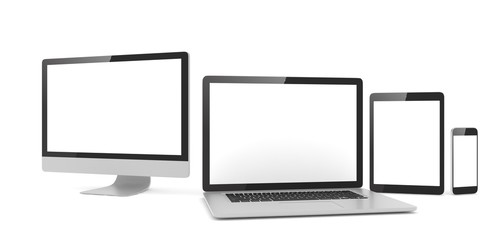 Responsive web design, laptop, smartphone, tablet, computer, display. 3D rendering.