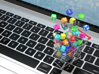 shopping cart with application software icons on laptop. 3D rendering.