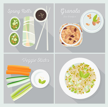 Vegetarian dishes. Set of vector illustrations. Flat lay.
