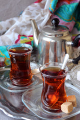 Black tea Turkish cups with sweetness..