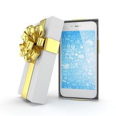 Smartphone in gift box. Isolated on white background. 3D rendering.