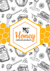 Vector honey bee hand drawn illustrations.  Honey banner, poster