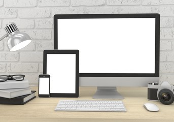 Fototapeta premium Responsive mockup screen. Monitor, tablet, phone on table in office. 3D rendering.