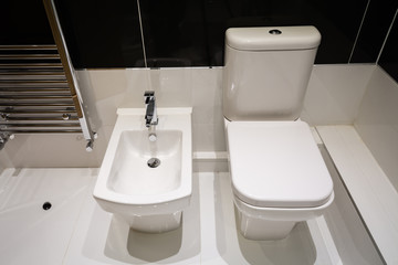 White Bidet and Toilet coordinated in a modern bathroom