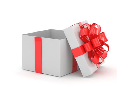 open gift box with bows isolated on white. 3D rendering.