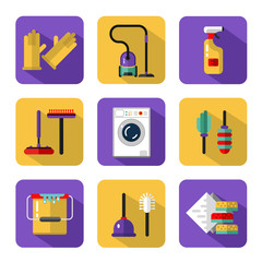 Vector icons set of housekeeping or household cleaning. Vacuum cleaner, washing machine, gloves, brush and mop, wiper, sponges, plunger, brush, bucket, broom. Housekeeping equipment and accessories.