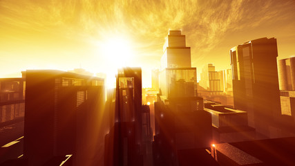 Megapolis in the Sunset Sunrise Lightrays