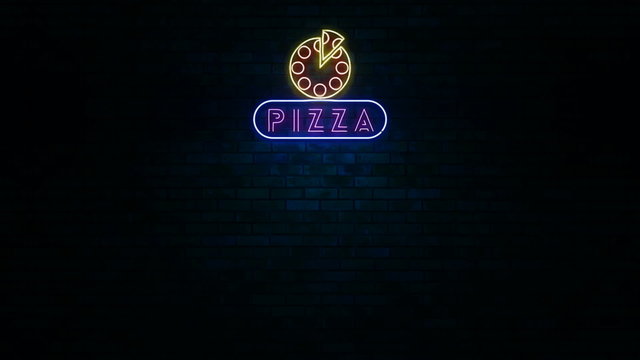 Animation of pizza neon sign at urban wall at night