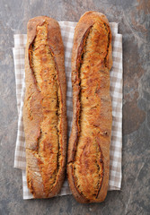 tow fresh baguettes top view