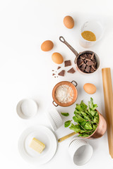 Ingredient for chocolate fondant on the white background