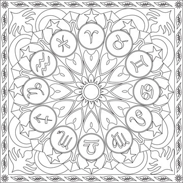 Page Coloriage pour Adultes Livre Design Motif Symboles Signes Zodiaque Mandala Vecteur Illustration