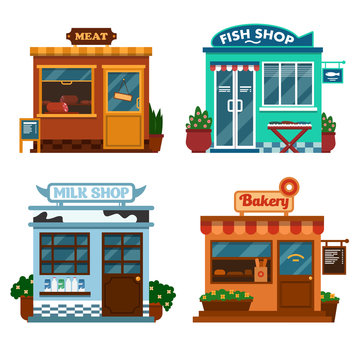 Vector illustration of  buildings that are shops for buying food. 