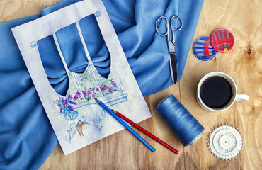 Interior designer&rsquo;s table with the drawing, materials, accesso