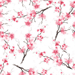 Seamless pattern with sakura branches. Original watercolor background.