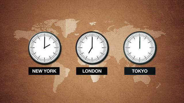 New York, London and Tokyo time, world time zones, office wall with world map and three clocks displaying time in United States, Japan and Great Britain, loopable time lapse footage.