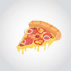 Vector image of creative pizzas. A slice of pizza for the design of advertising for your restaurant business. Cartoon illustration pepperoni.