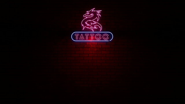 Animation of word tattoo with dragon symbol at neon in wall with red light