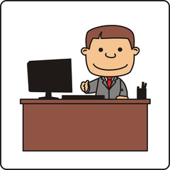 manager behind desk holds out his hand, isolated on white background. Happy manager with computer.