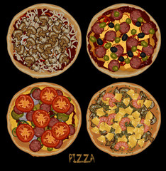 set of four pizzas