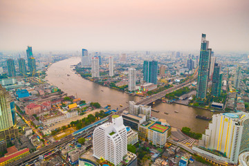 Bangkok Transportation at Dusk with curve of river