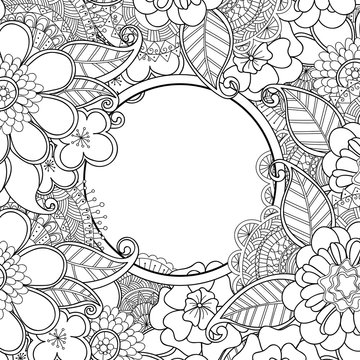 Flowers and leaves hand drawn zentangle style circle vector frame. Doodle art decorative border.
