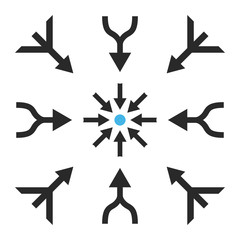 Merge Arrows vector icon set. Collection style is bicolor blue and gray flat symbols on a white background.