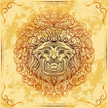 Lion Head with baroque ornament on grunge aged paper background. Vintage tattoo art. Concept design for card, print, t-shirt, postcard, poster. Hand drawn vector illustration