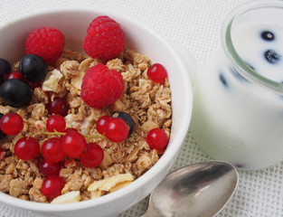 Healthy breakfast muesli with blueberry and red currant