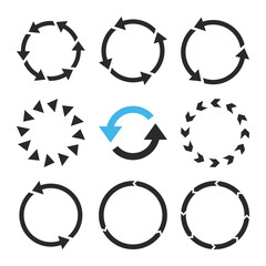 Rotation Direction vector icon set. Collection style is bicolor blue and gray flat symbols on a white background.
