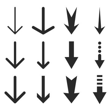 Down Arrows vector icon set. Collection style is gray flat symbols on a white background.