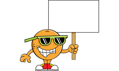 Cartoon illustration of an orange holding a sign.