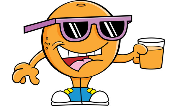 Cartoon illustration of an orange wearing sunglasses and holding a glass.