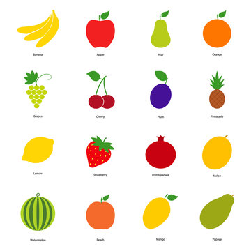 Set of color fruit icons and berry icons, vector illustration