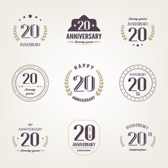 Twenty years anniversary celebration logotype. 20th anniversary logo set.