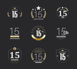 Fifteen years anniversary celebration logotype. 15th anniversary logo set.