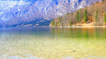 Transparent fresh water in lake Bohinj in Slovenia