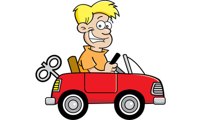 Cartoon illustration of a boy driving a toy car.