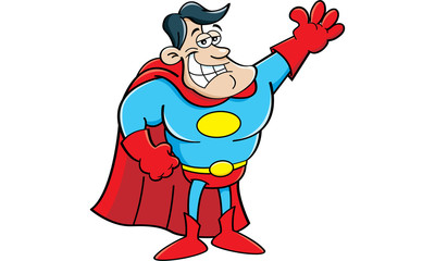 Cartoon illustration of a superhero waving.