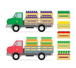 farmers truck with wooden crates boxes with vegetables carrot cucumber corn tomato broccoli beet eggplant isolated on white background